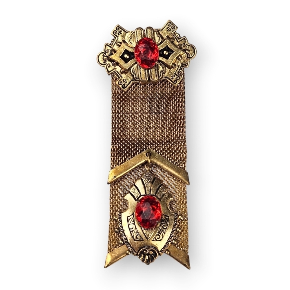 Victorian Revival Mesh Ribbon Brooch Red Rhinestone Antiqued Brass Metal Vintage